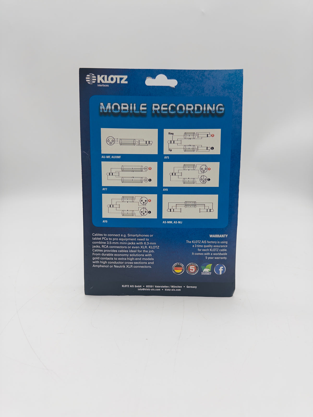 Klotz AY8-0300 3.5mm plug to 2x XLR-F