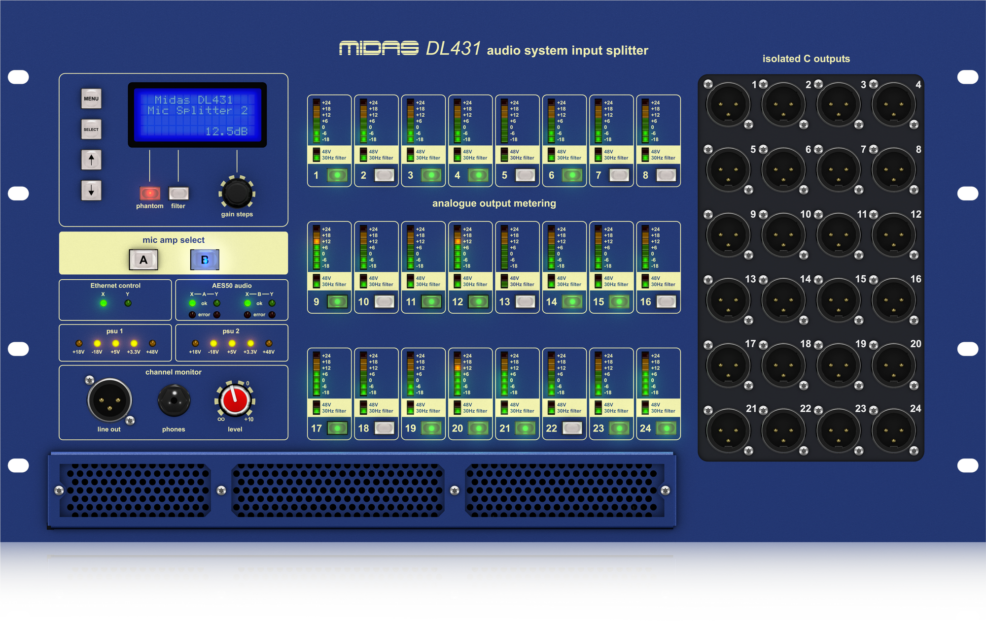 Midas DL431 - 24 Input, 72 Output Active Microphone Splitter with Independent Midas Microphone Preamplifiers