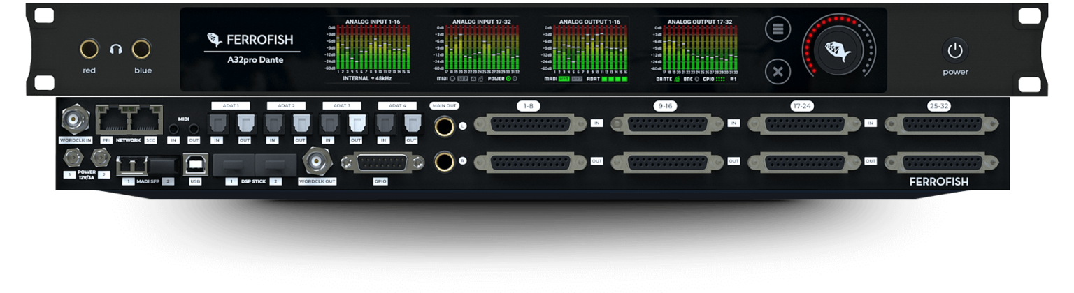 Ferrofish A 32 Pro Dante - 32 in / 32 out AD/DA converter with Dante, coaxial and multi mode MADI and ADAT