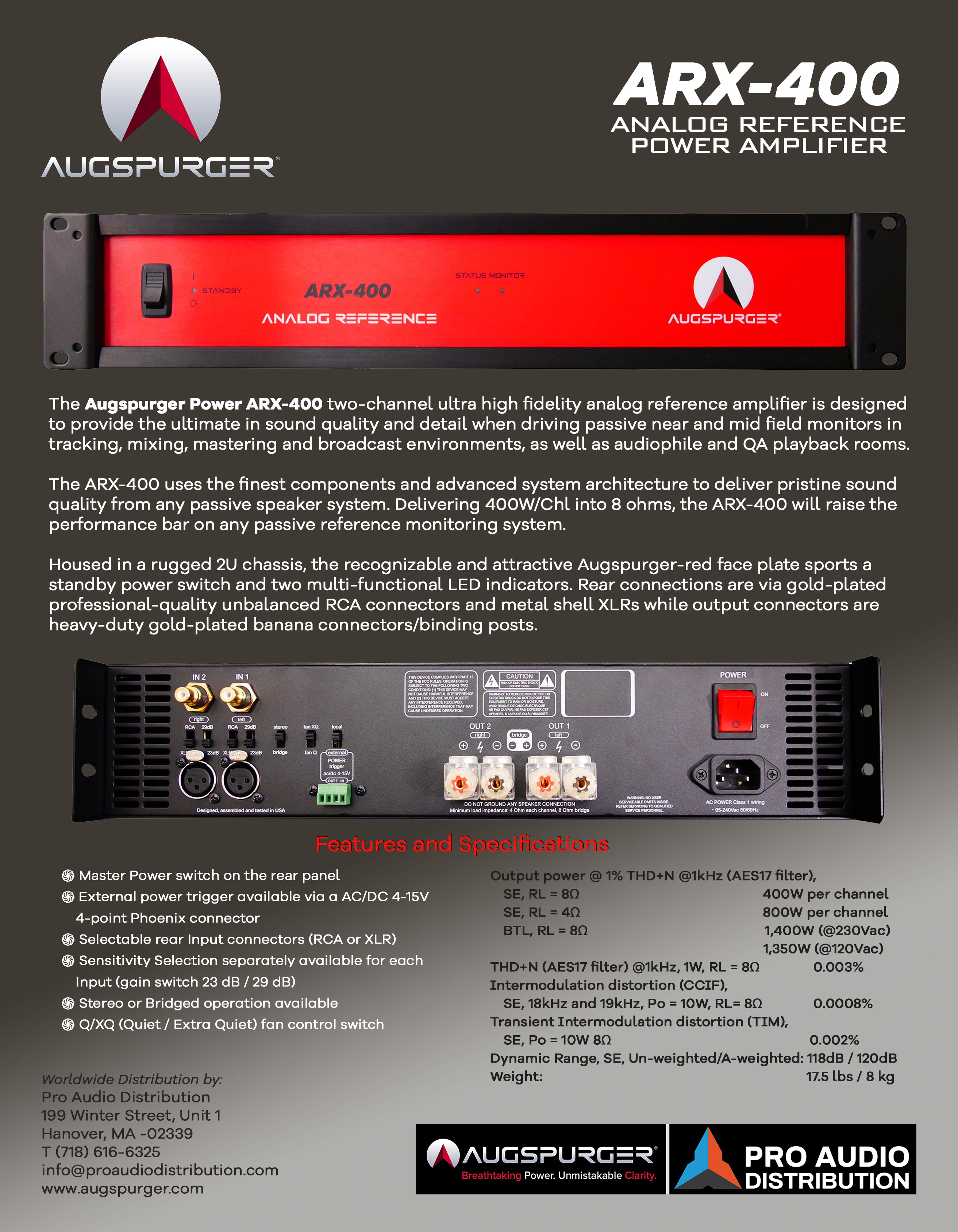 Augspurger ARX-400 Analog Reference Rack-Mount Amplifier - Professional Audio Design, Inc