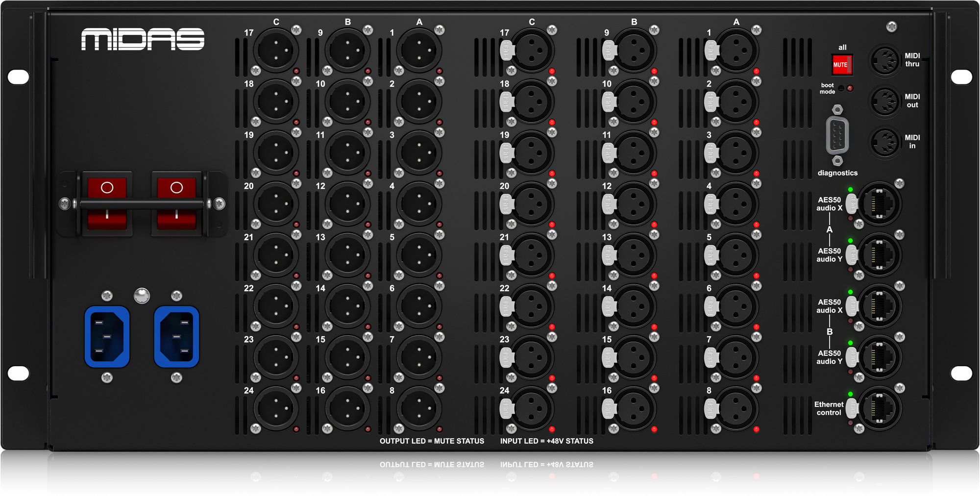 Midas DL231 - 24 Input, 24 Output Active Microphone Splitter with 2 Independent Midas Microphone Preamplifiers per Input