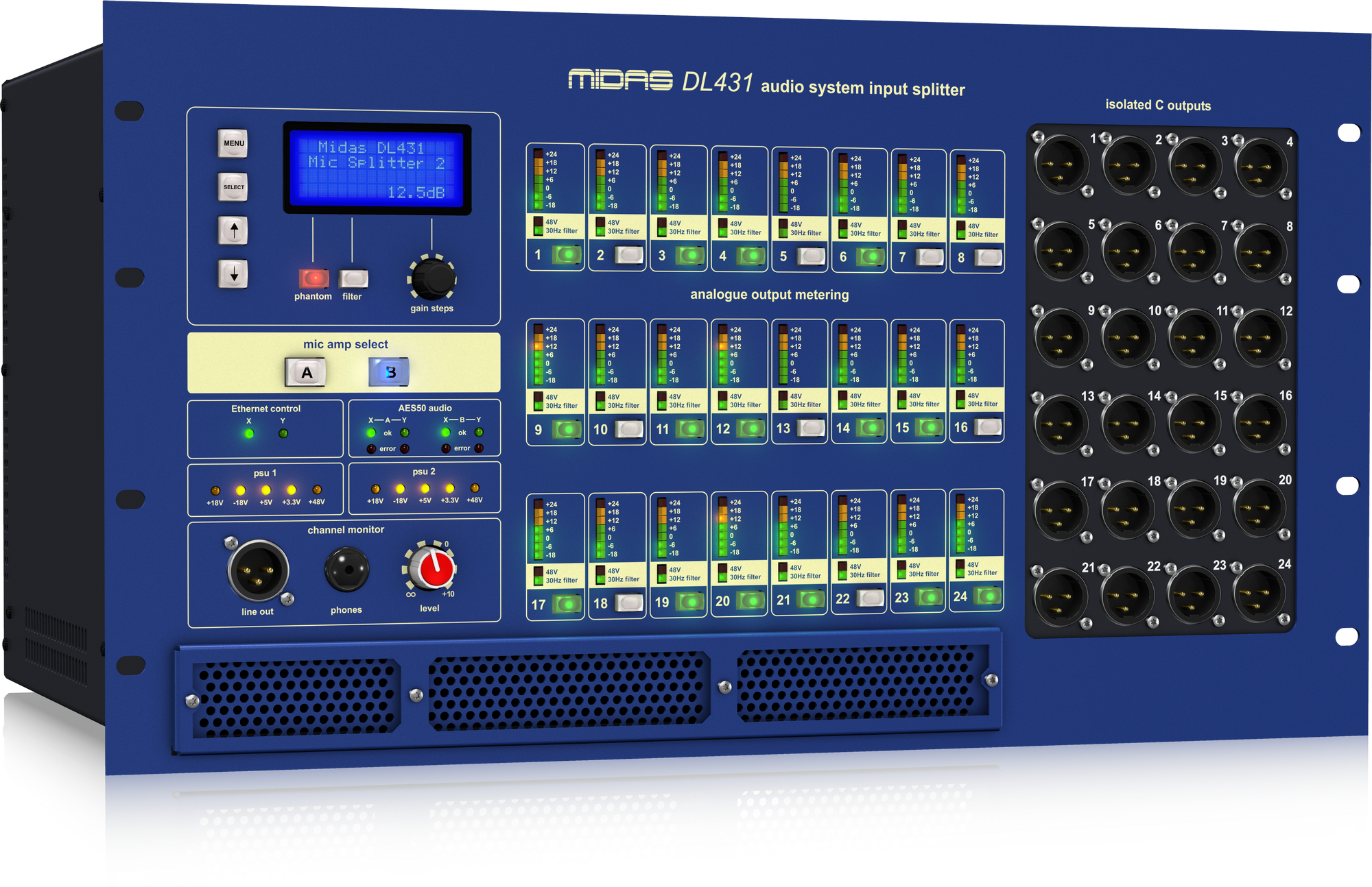 Midas DL431 - 24 Input, 72 Output Active Microphone Splitter with Independent Midas Microphone Preamplifiers