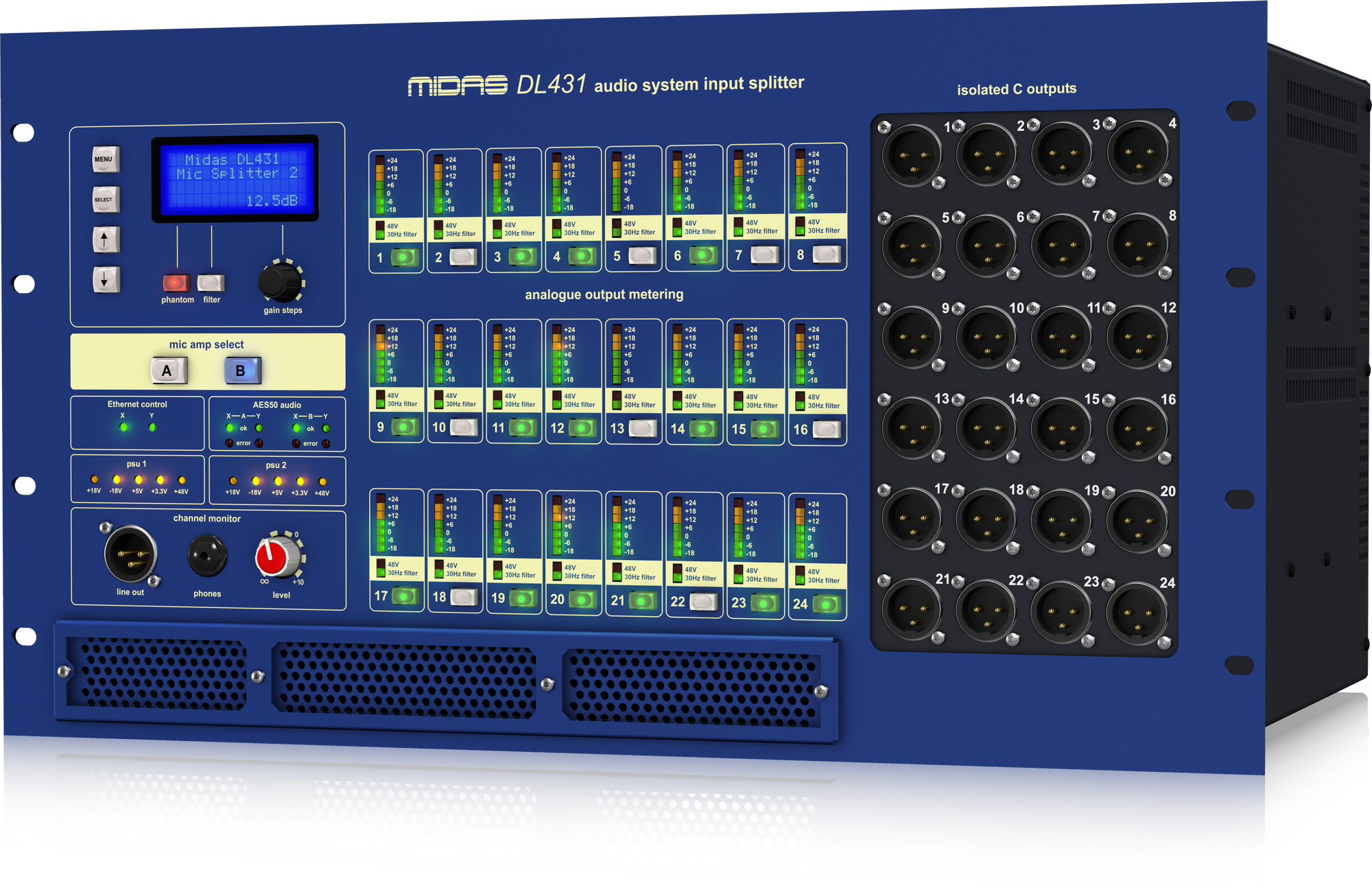 Midas DL431 - 24 Input, 72 Output Active Microphone Splitter with Independent Midas Microphone Preamplifiers
