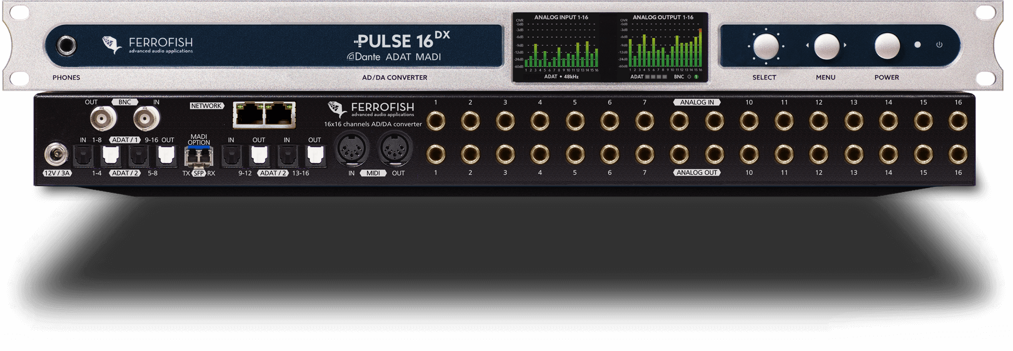 Ferrofish Pulse 16 DX +24dBu - Same as Pulse 16 DX, with analog I/O modified for +24dBu level compatibility